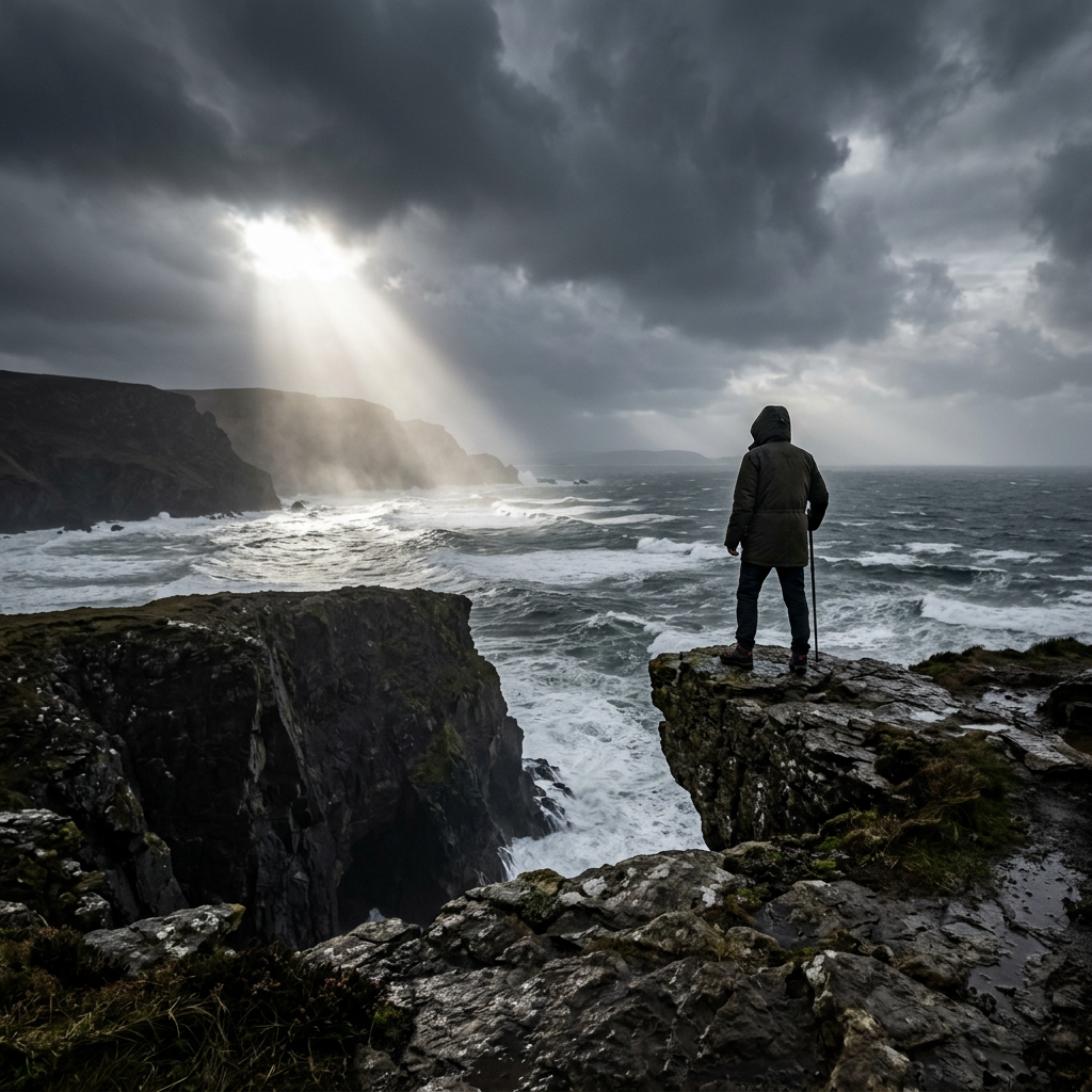 Lone figure on cliff in storm light beam