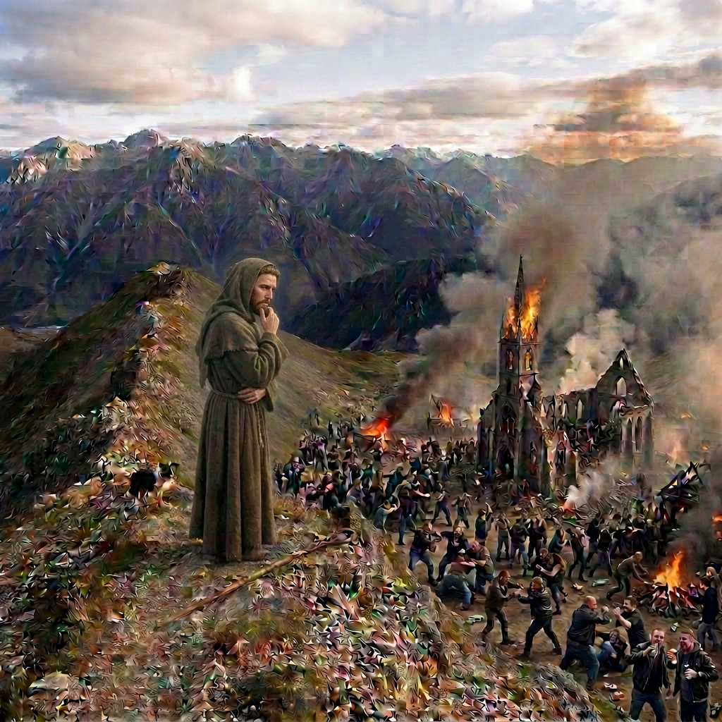 Shepherd and dog overlooking sheep across a mountainous alpine valley